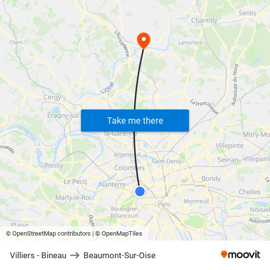 Villiers - Bineau to Beaumont-Sur-Oise map