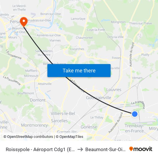 Roissypole - Aéroport Cdg1 (E2) to Beaumont-Sur-Oise map