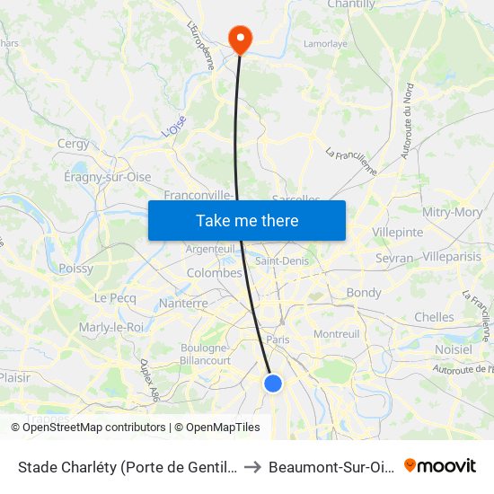 Stade Charléty (Porte de Gentilly) to Beaumont-Sur-Oise map