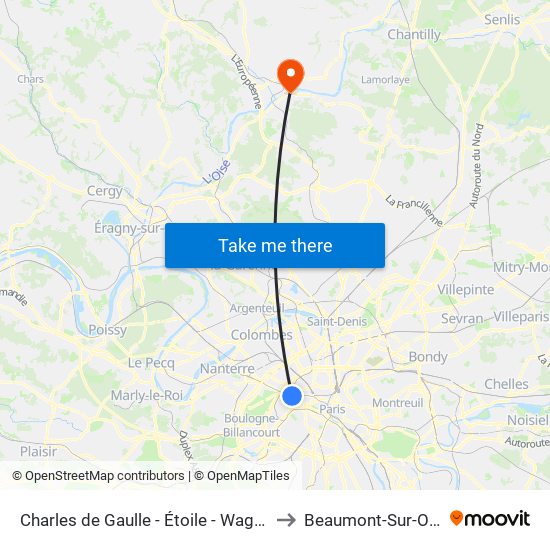 Charles de Gaulle - Étoile - Wagram to Beaumont-Sur-Oise map