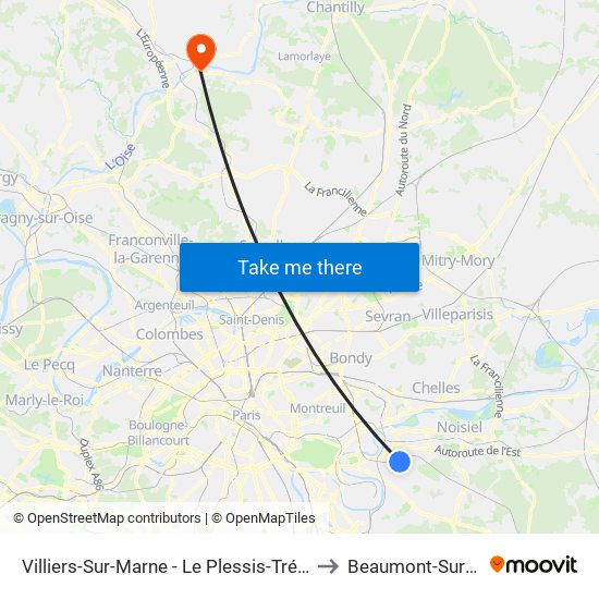 Villiers-Sur-Marne - Le Plessis-Trévise RER to Beaumont-Sur-Oise map