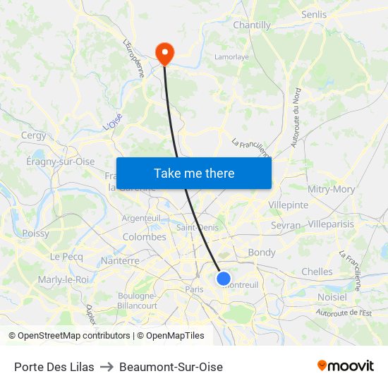 Porte Des Lilas to Beaumont-Sur-Oise map
