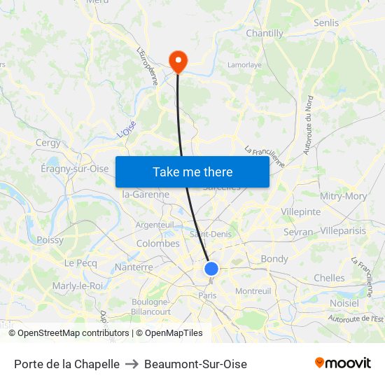 Porte de la Chapelle to Beaumont-Sur-Oise map