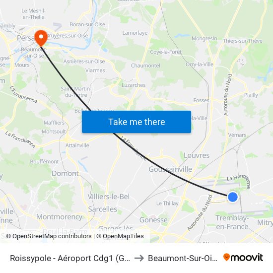 Roissypole - Aéroport Cdg1 (G1) to Beaumont-Sur-Oise map