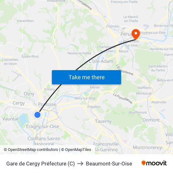 Gare de Cergy Préfecture (C) to Beaumont-Sur-Oise map