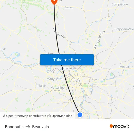 Bondoufle to Beauvais map