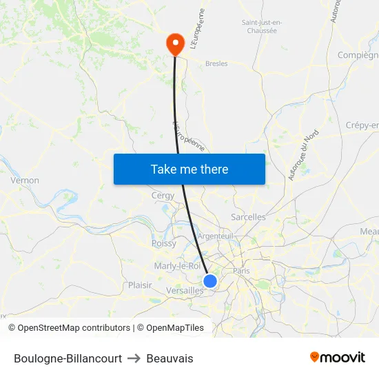 Boulogne-Billancourt to Beauvais map