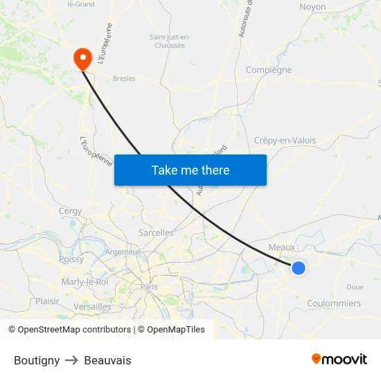 Boutigny to Beauvais map