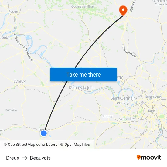 Dreux to Beauvais map