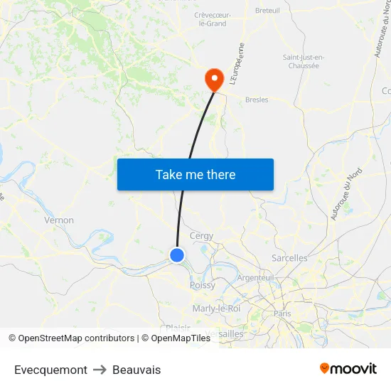 Evecquemont to Beauvais map