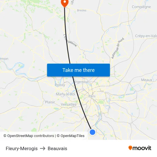 Fleury-Merogis to Beauvais map