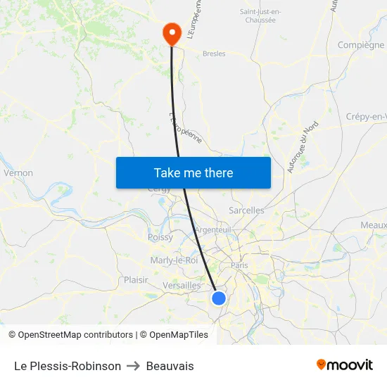 Le Plessis-Robinson to Beauvais map