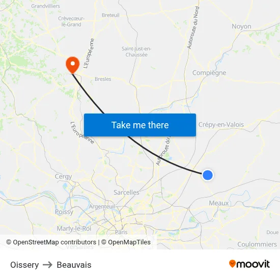 Oissery to Beauvais map