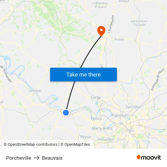 Porcheville to Beauvais map