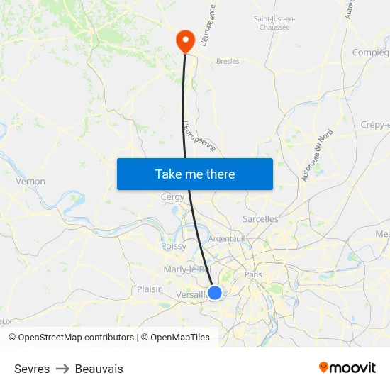 Sevres to Beauvais map