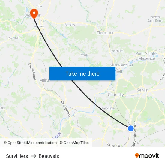Survilliers to Beauvais map