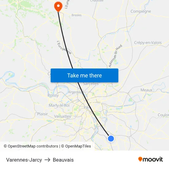 Varennes-Jarcy to Beauvais map