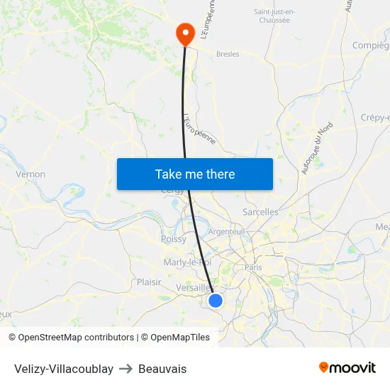 Velizy-Villacoublay to Beauvais map