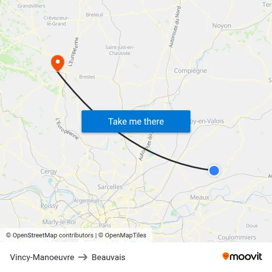 Vincy-Manoeuvre to Beauvais map