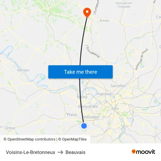 Voisins-Le-Bretonneux to Beauvais map