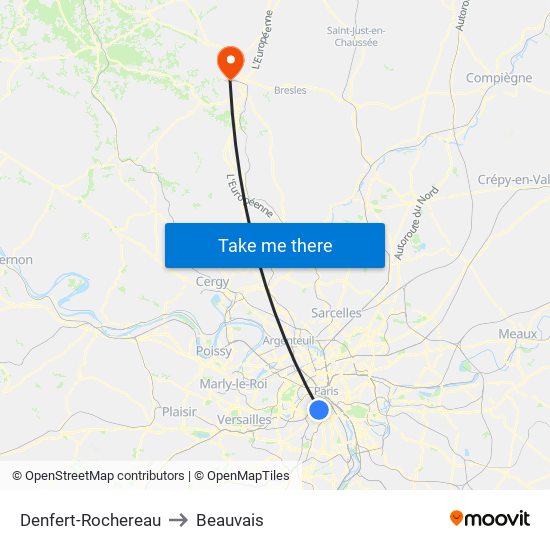 Denfert-Rochereau to Beauvais map