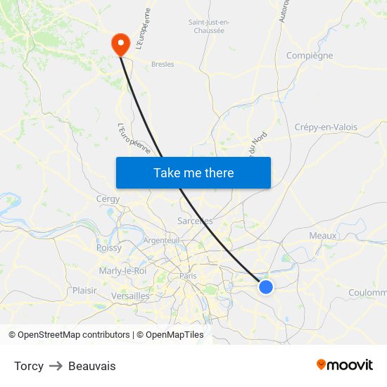 Torcy to Beauvais map