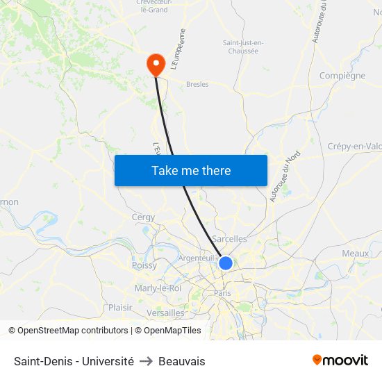 Saint-Denis - Université to Beauvais map
