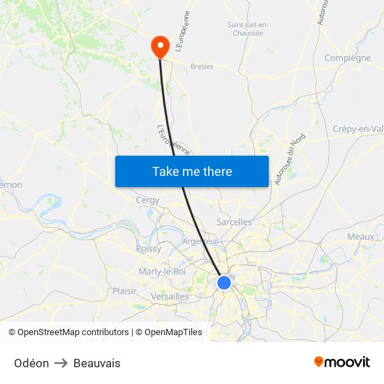 Odéon to Beauvais map