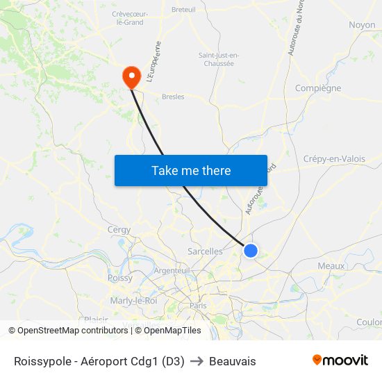 Roissypole - Aéroport Cdg1 (D3) to Beauvais map