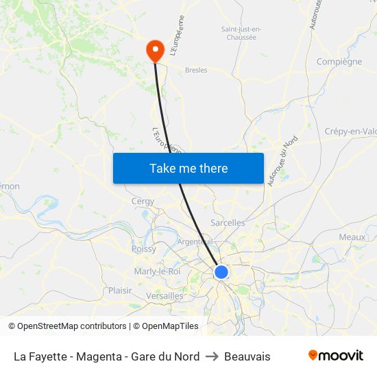 La Fayette - Magenta - Gare du Nord to Beauvais map