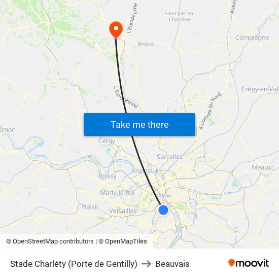 Stade Charléty (Porte de Gentilly) to Beauvais map
