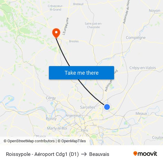Roissypole - Aéroport Cdg1 (D1) to Beauvais map
