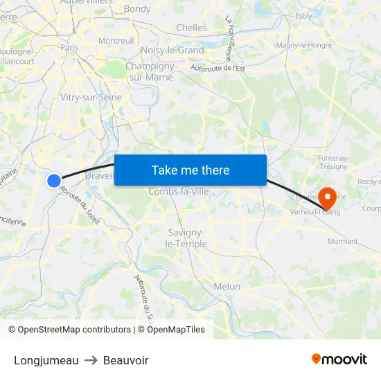 Longjumeau to Beauvoir map