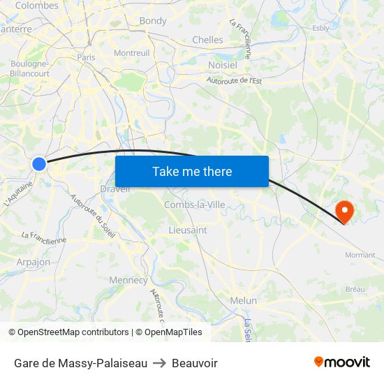 Gare de Massy-Palaiseau to Beauvoir map