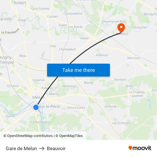 Gare de Melun to Beauvoir map