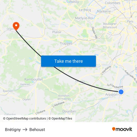 Brétigny to Behoust map