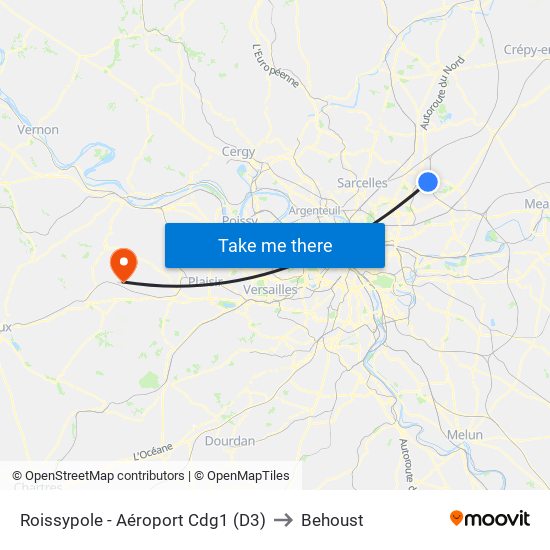 Roissypole - Aéroport Cdg1 (D3) to Behoust map