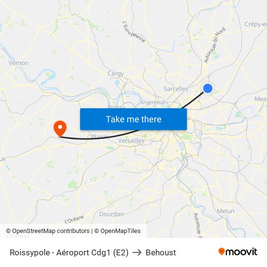 Roissypole - Aéroport Cdg1 (E2) to Behoust map