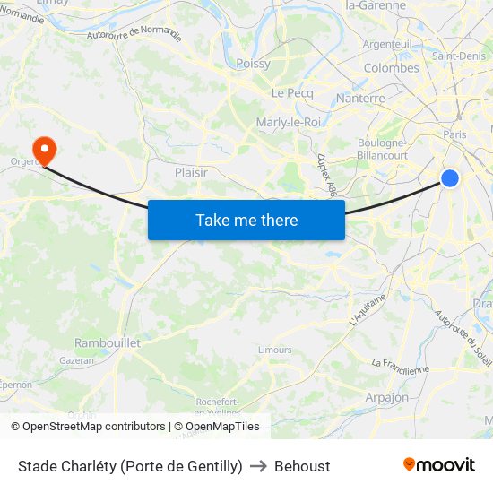 Stade Charléty (Porte de Gentilly) to Behoust map