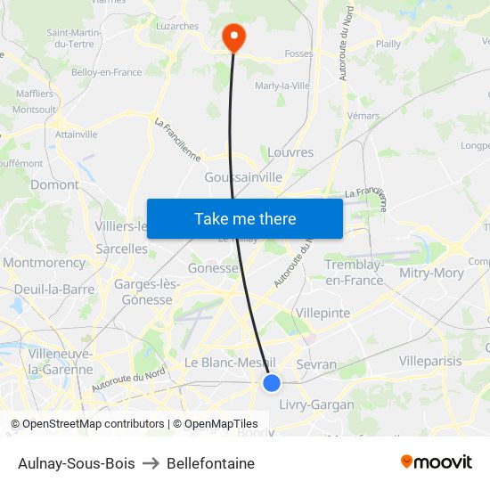 Aulnay-Sous-Bois to Bellefontaine map