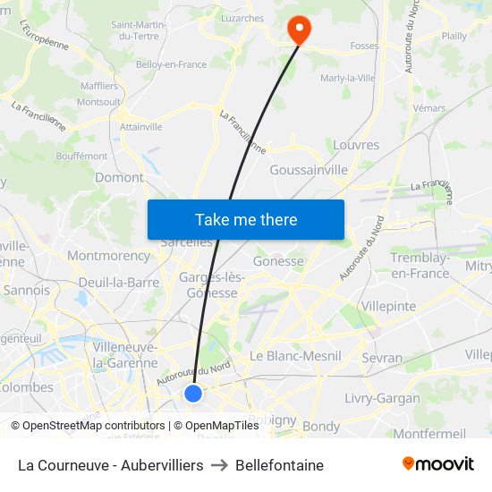 La Courneuve - Aubervilliers to Bellefontaine map