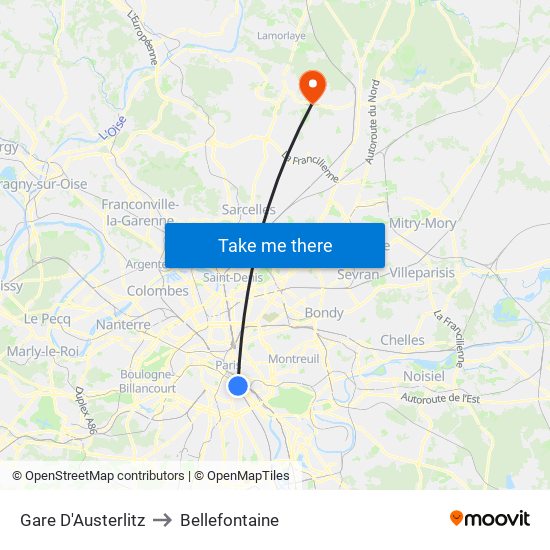 Gare D'Austerlitz to Bellefontaine map