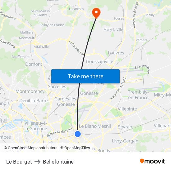 Le Bourget to Bellefontaine map