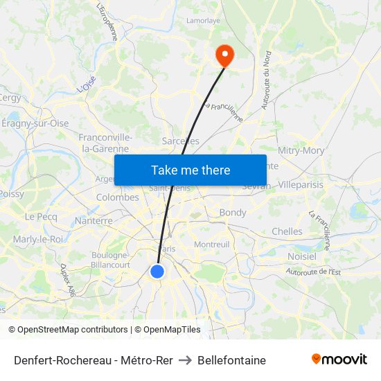 Denfert-Rochereau - Métro-Rer to Bellefontaine map