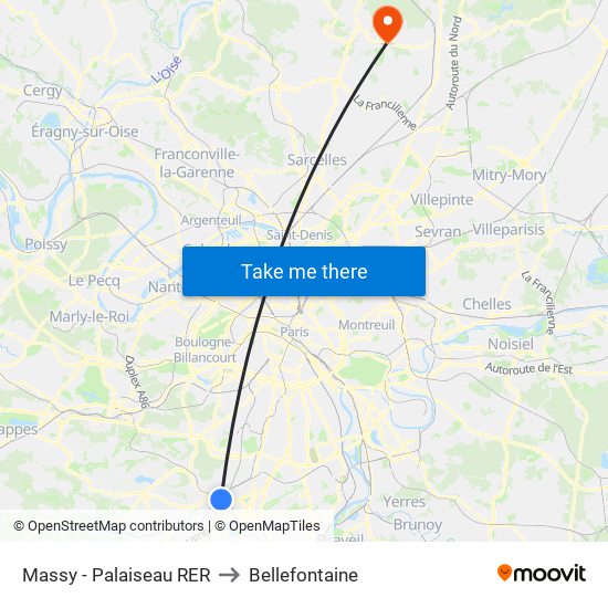 Massy - Palaiseau RER to Bellefontaine map