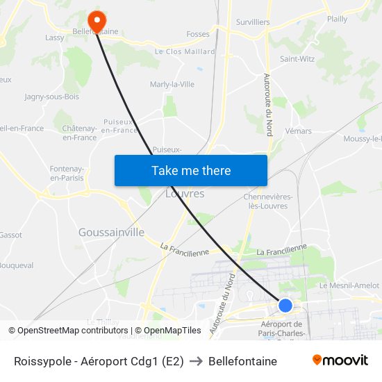 Roissypole - Aéroport Cdg1 (E2) to Bellefontaine map