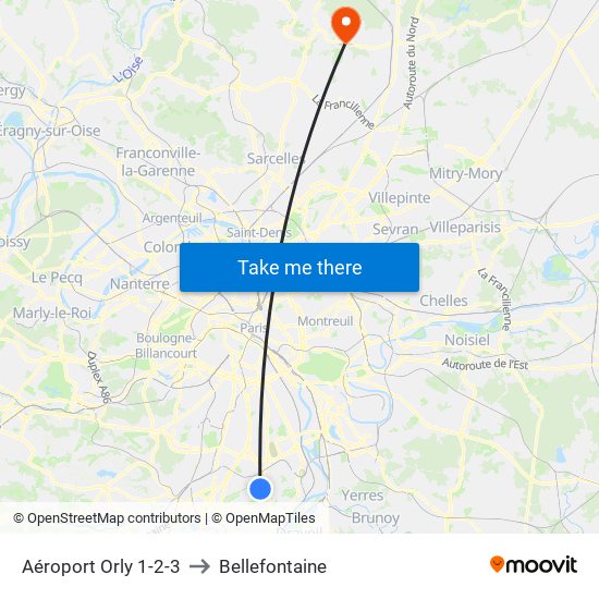 Aéroport Orly 1-2-3 to Bellefontaine map