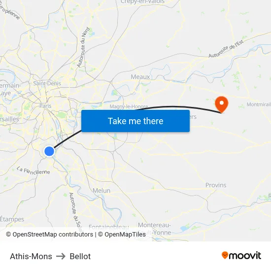 Athis-Mons to Bellot map