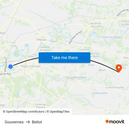 Gouvernes to Bellot map
