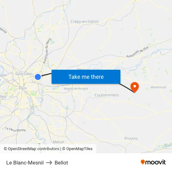 Le Blanc-Mesnil to Bellot map